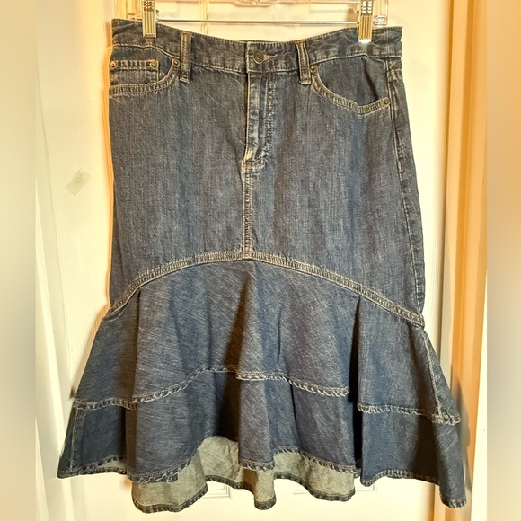 Lauren Ralph Lauren Blue Denim Nassau Tiered Fit and Flare Skirt Country Western - Picture 1 of 7